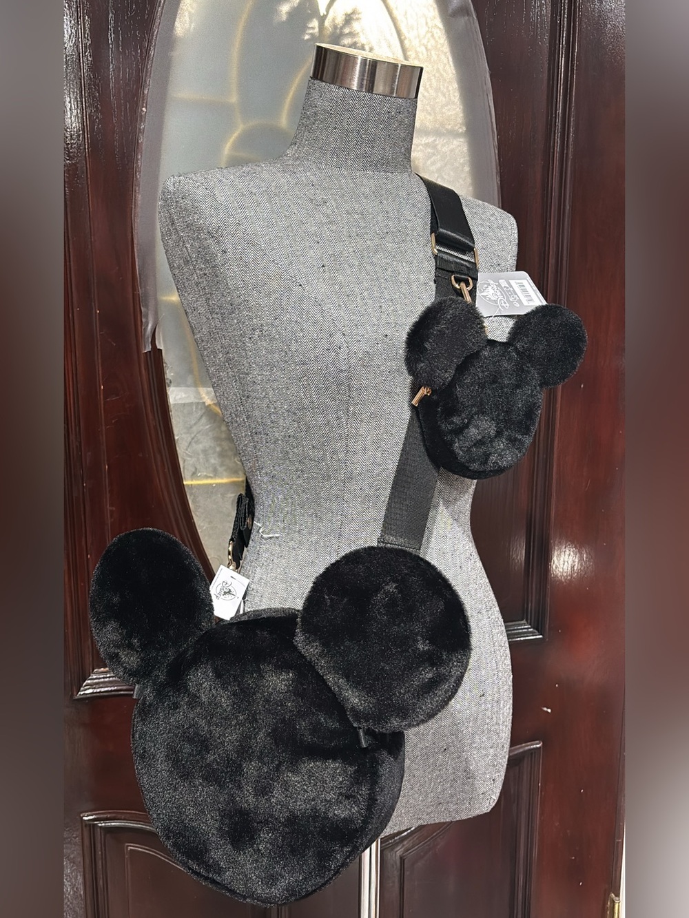 Disney Black Faux Fur Mickey Crossbody Bag & Keychain - NWT!!